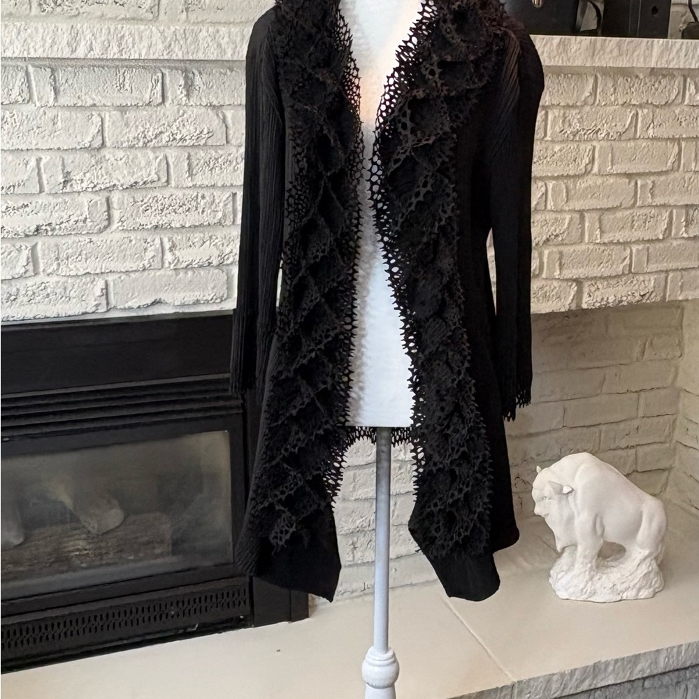 Lindi Black Plissé Pleated Ruffle Lace Cardigan Jacket Artsy Lagenlook Medium